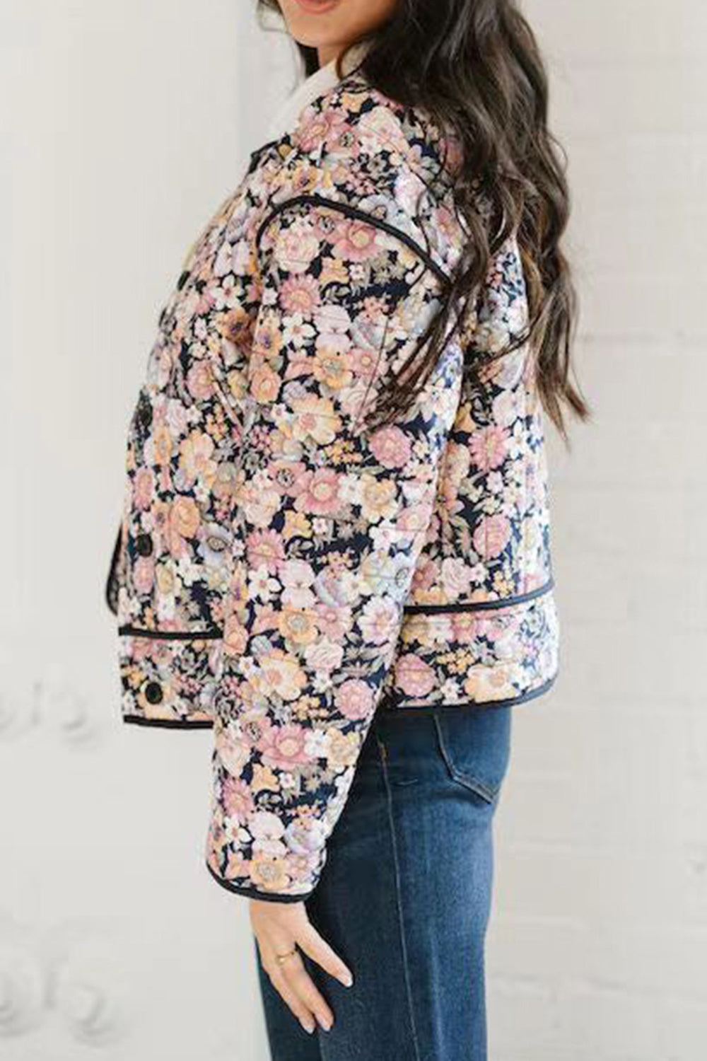 Floral Button Up Long Sleeve Winter Coat - Black / S