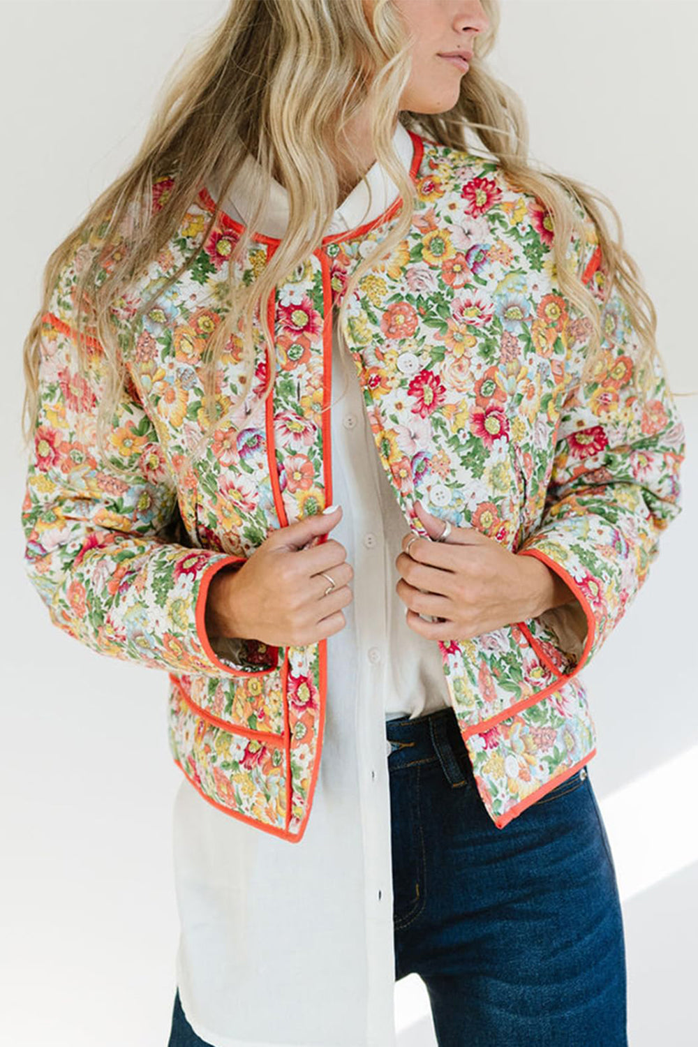 Floral Button Up Long Sleeve Winter Coat - Orange-Red / S