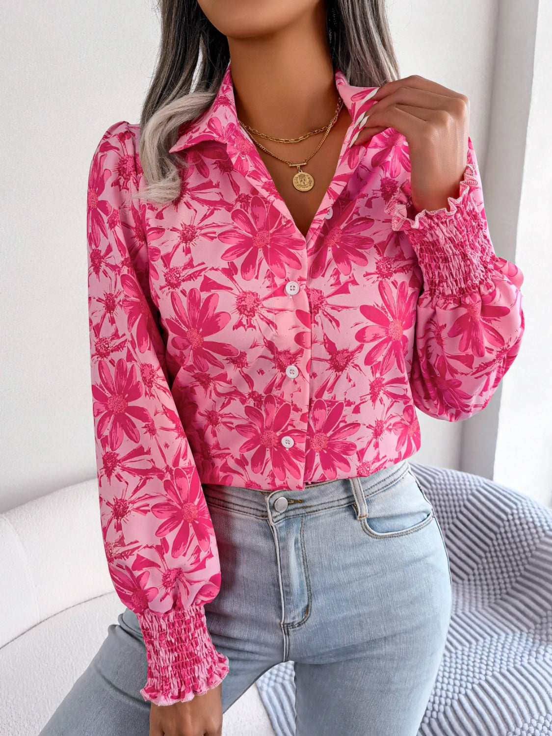 Floral Collared Neck Long Sleeve Shirt - Deep Rose / S
