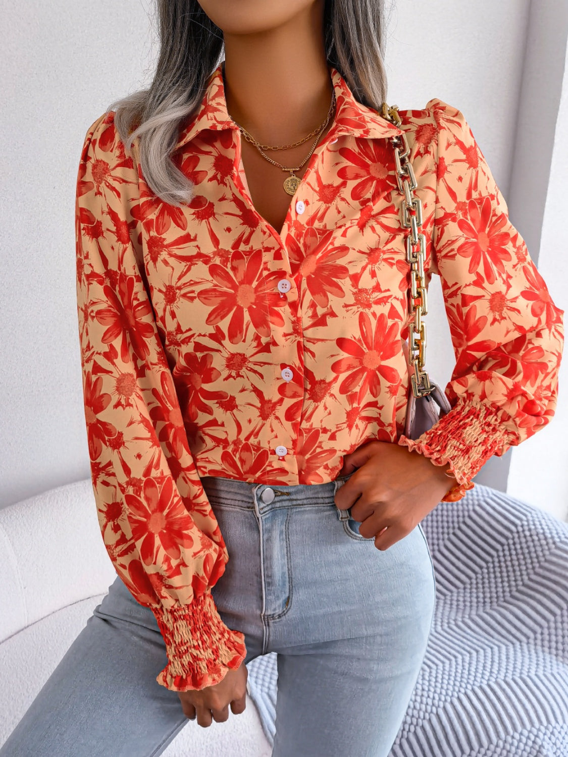 Floral Collared Neck Long Sleeve Shirt - Pumpkin / S