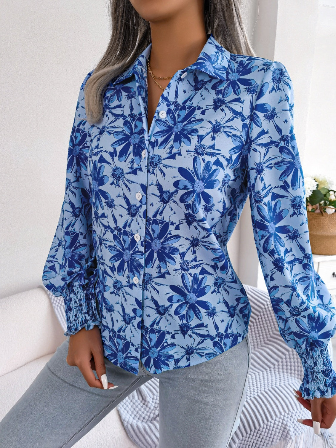 Floral Collared Neck Long Sleeve Shirt - Royal Blue / S
