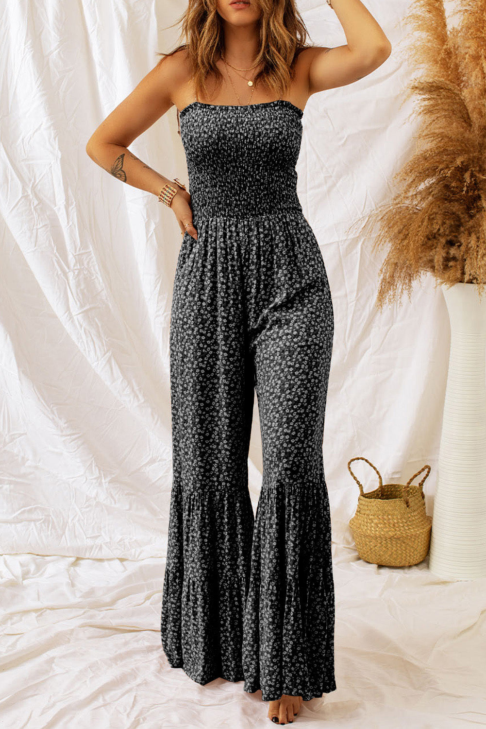 Floral Spaghetti Strap Wide Leg Jumpsuit - Black / S