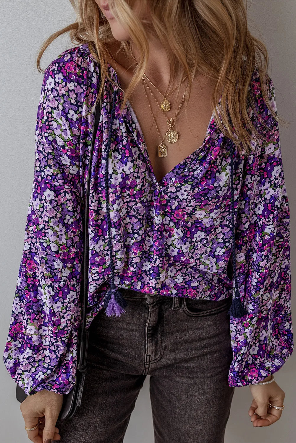 Floral Tie Neck Long Sleeve Blouse - Electric Purple / S