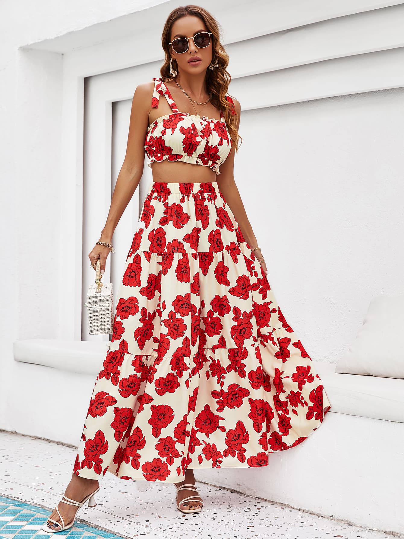 Floral Tie Shoulder Top and Tiered Maxi Skirt Set - Deep Red / S