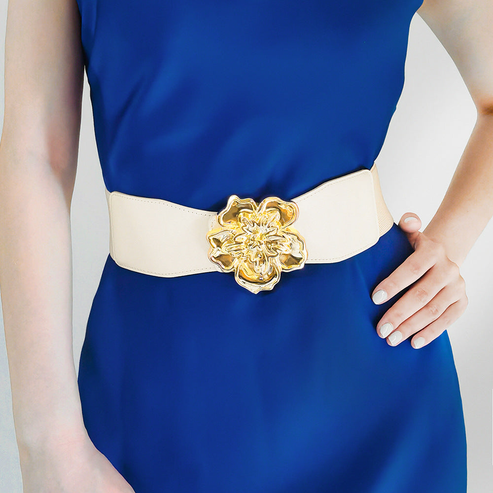 Flower Alloy Buckle Elastic Belt - Ivory / One Size