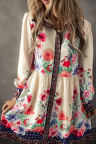 Flower Button Down Lantern Sleeve Dress - Ivory / S