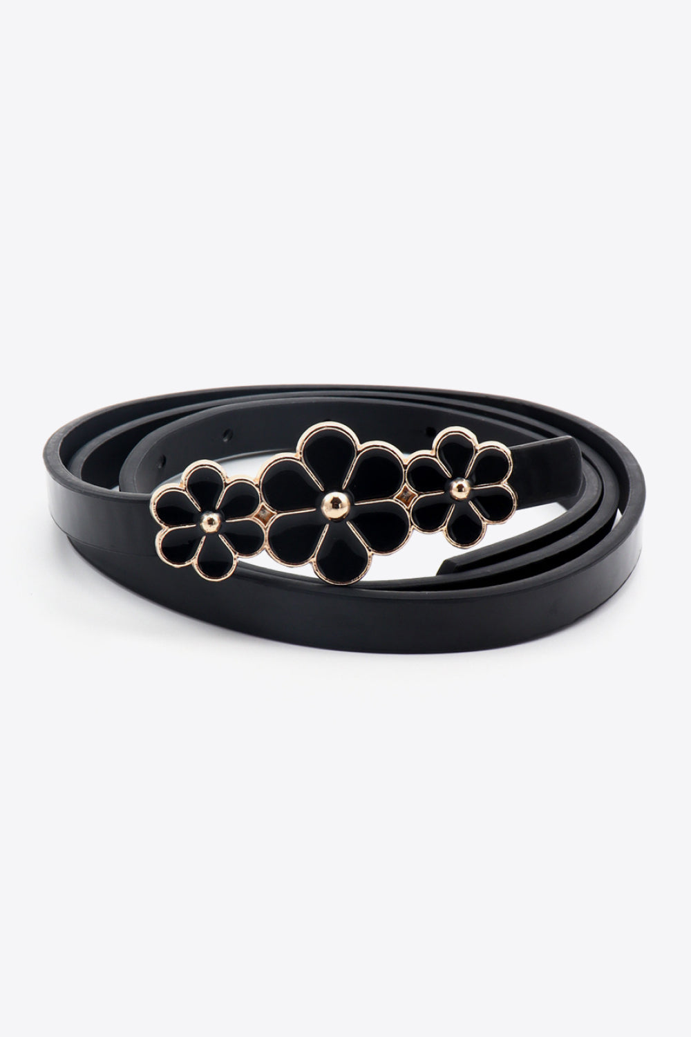 Flower Decor Skinny PU Belt - Black / One Size