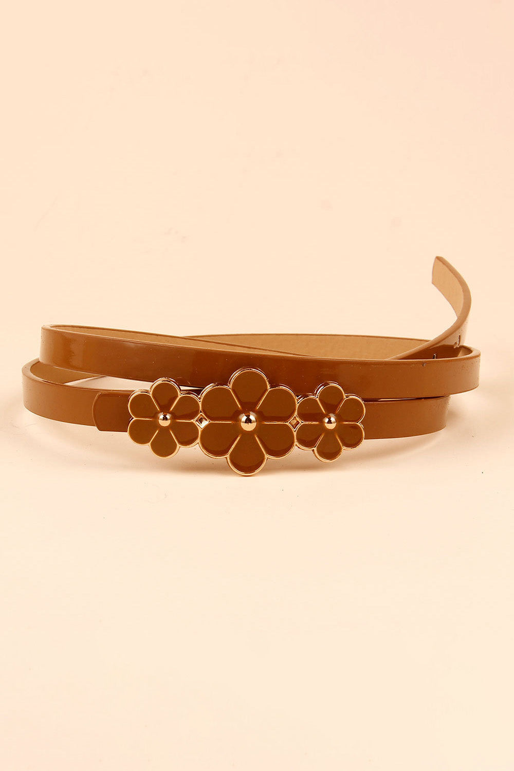 Flower Decor Skinny PU Belt - Caramel / One Size