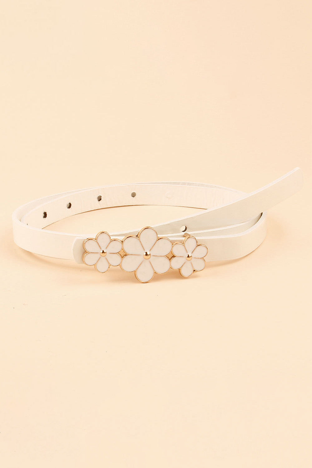 Flower Decor Skinny PU Belt - White / One Size
