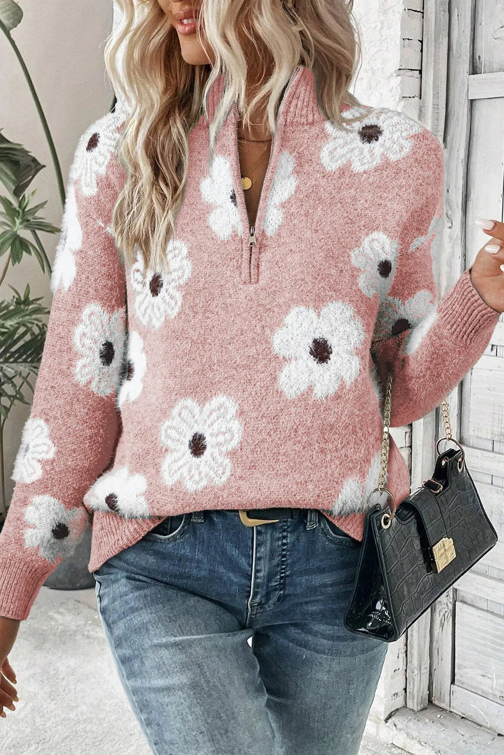 Flower Half Zip Long Sleeve Sweater - Blush Pink / S