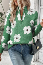 Flower Half Zip Long Sleeve Sweater - Dark Green / S