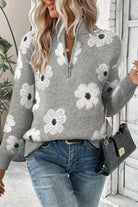 Flower Half Zip Long Sleeve Sweater - Gray / S