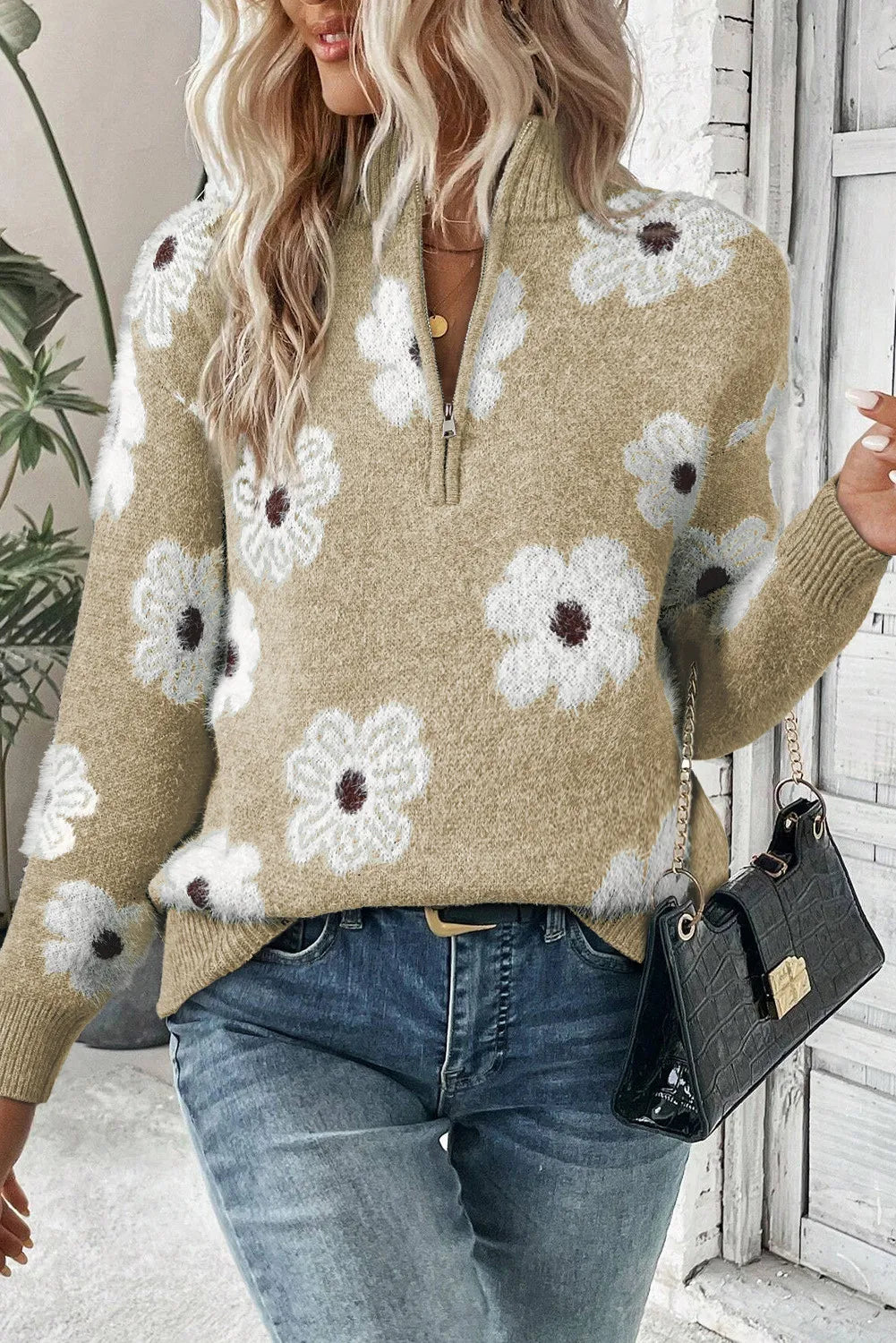 Flower Half Zip Long Sleeve Sweater - Tan / S