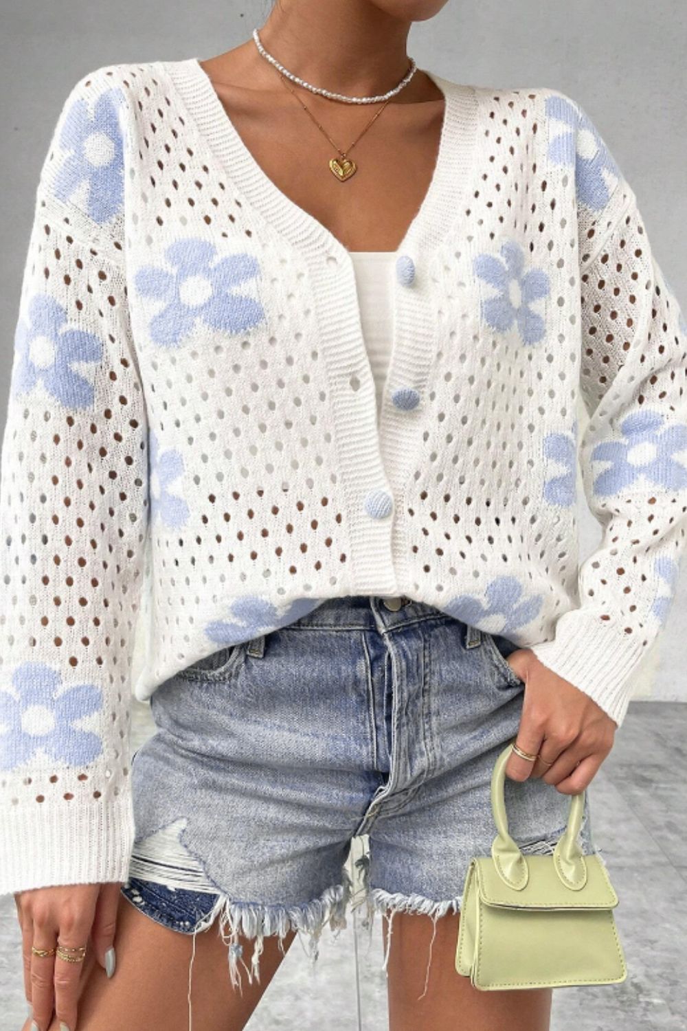 Flower Hollowed Out Button Down Long Sleeve Cardigan - White / S
