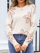 Flower Round Neck Dropped Shoulder Sweater - Brown / S