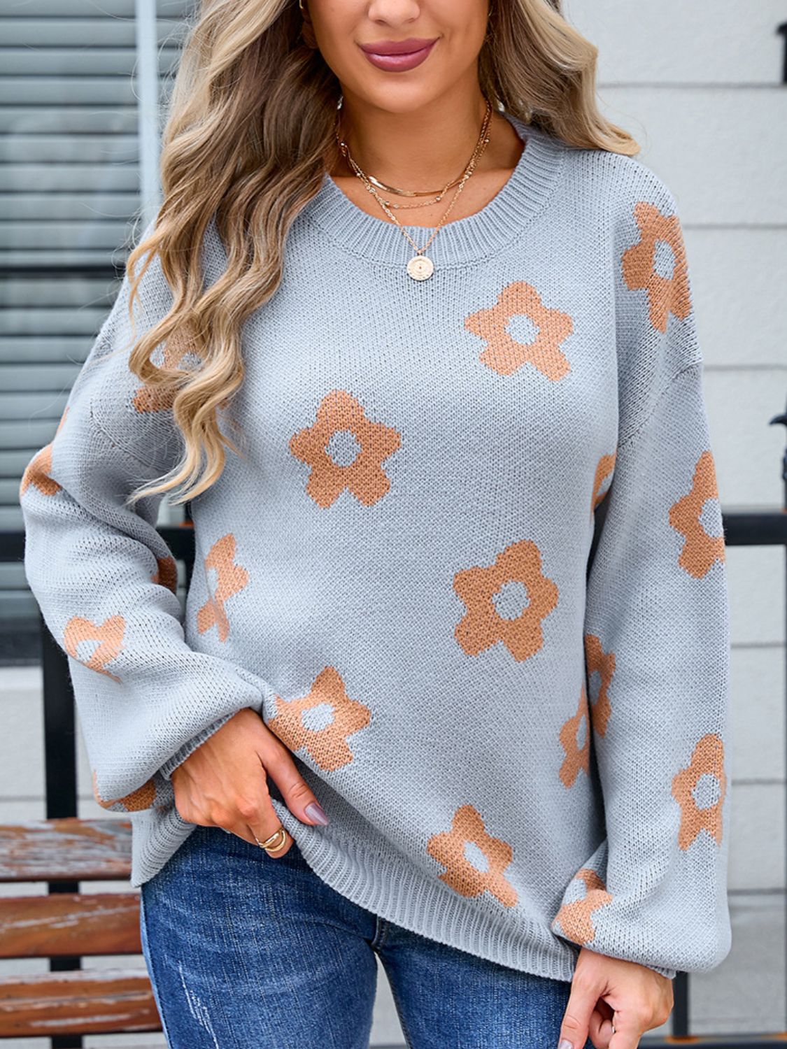 Flower Round Neck Dropped Shoulder Sweater - Gray / S