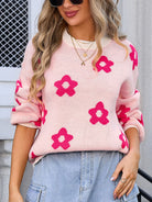 Flower Round Neck Dropped Shoulder Sweater - Watermelon pink / S