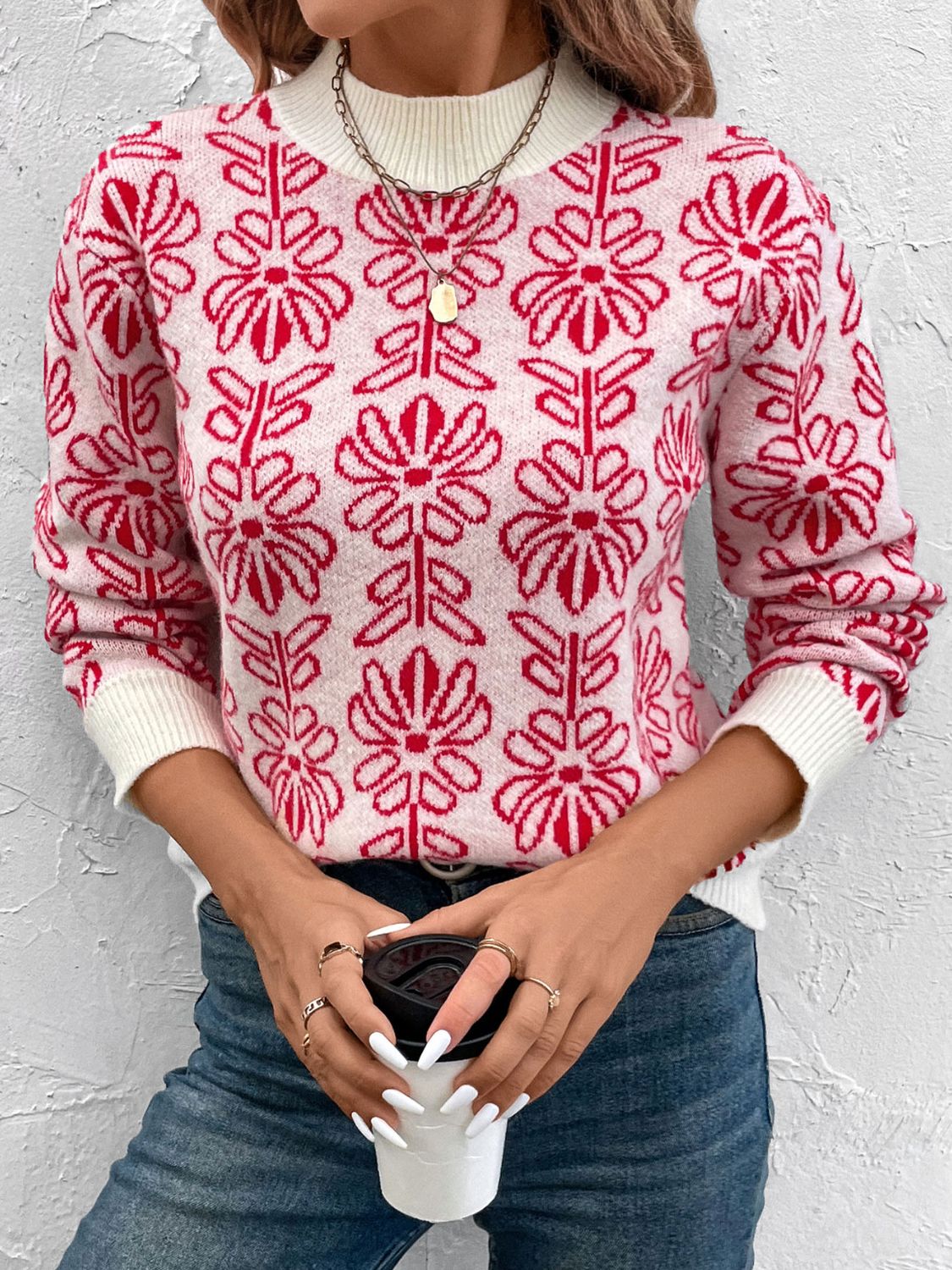 Flower Round Neck Long Sleeve Sweater - Scarlet / S