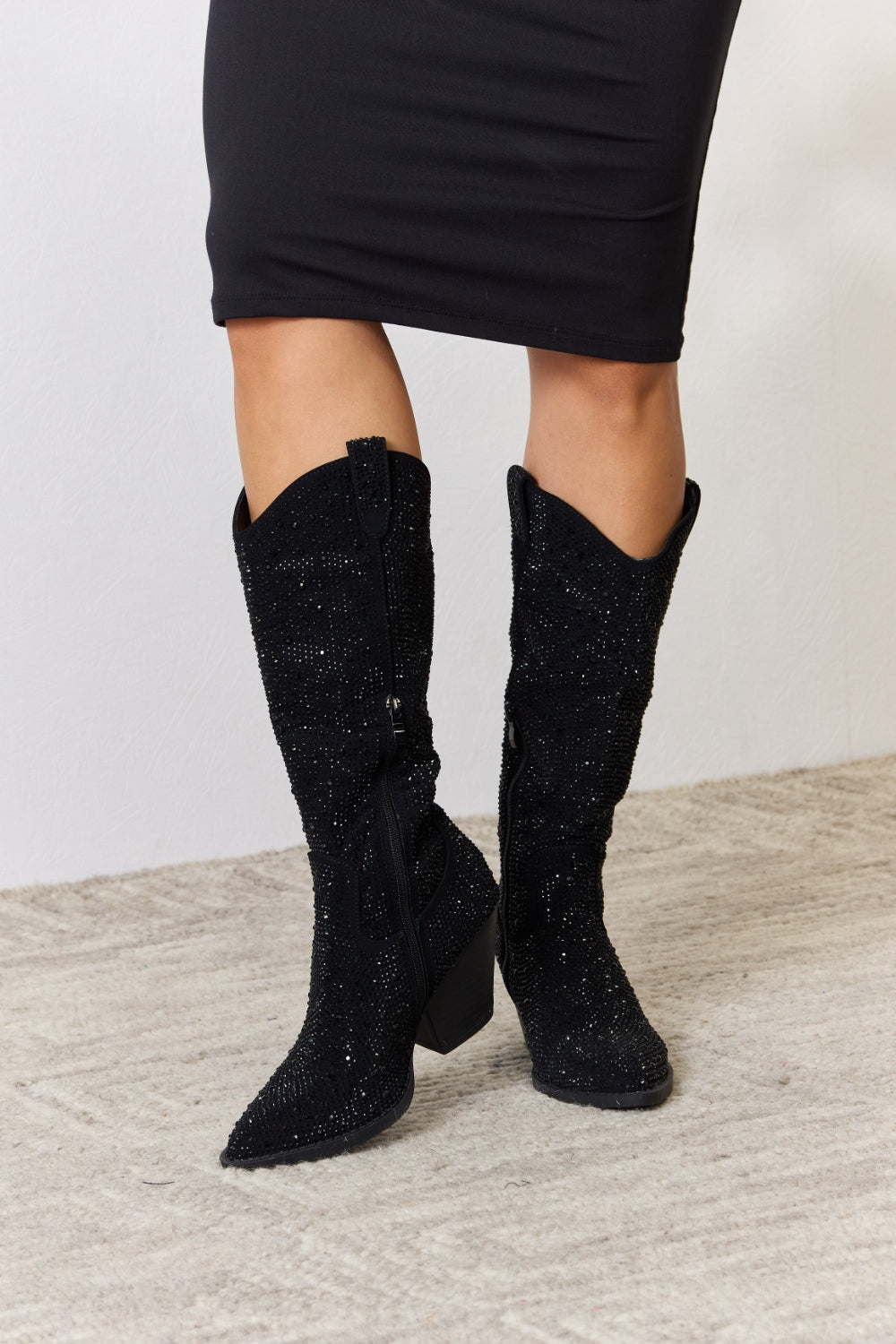 Forever Link Rhinestone Knee High Cowboy Boots - Black / 6