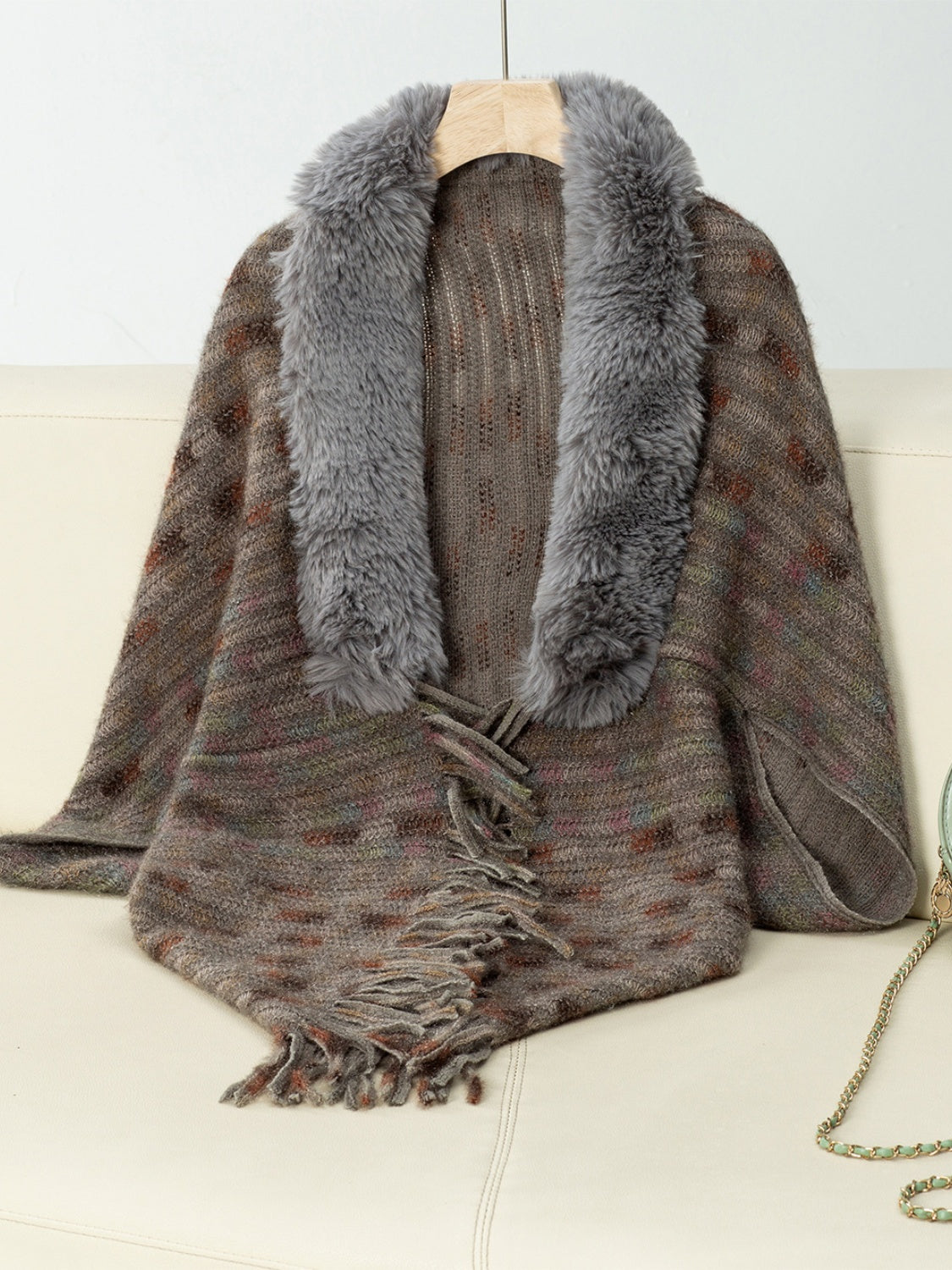 Fringe Fuzzy Open Front Poncho - Coffee Brown / One Size