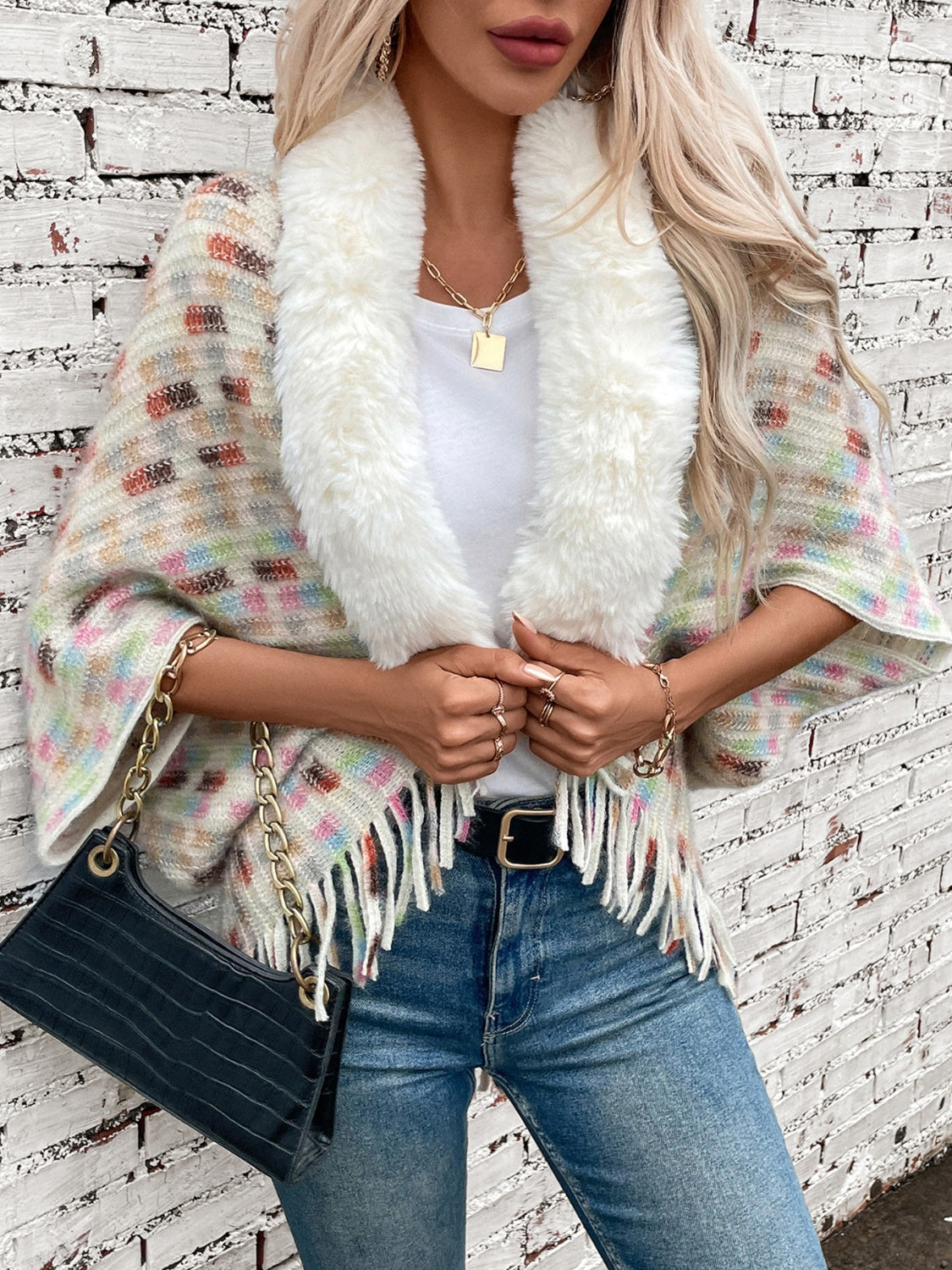 Fringe Fuzzy Open Front Poncho - Cream / One Size