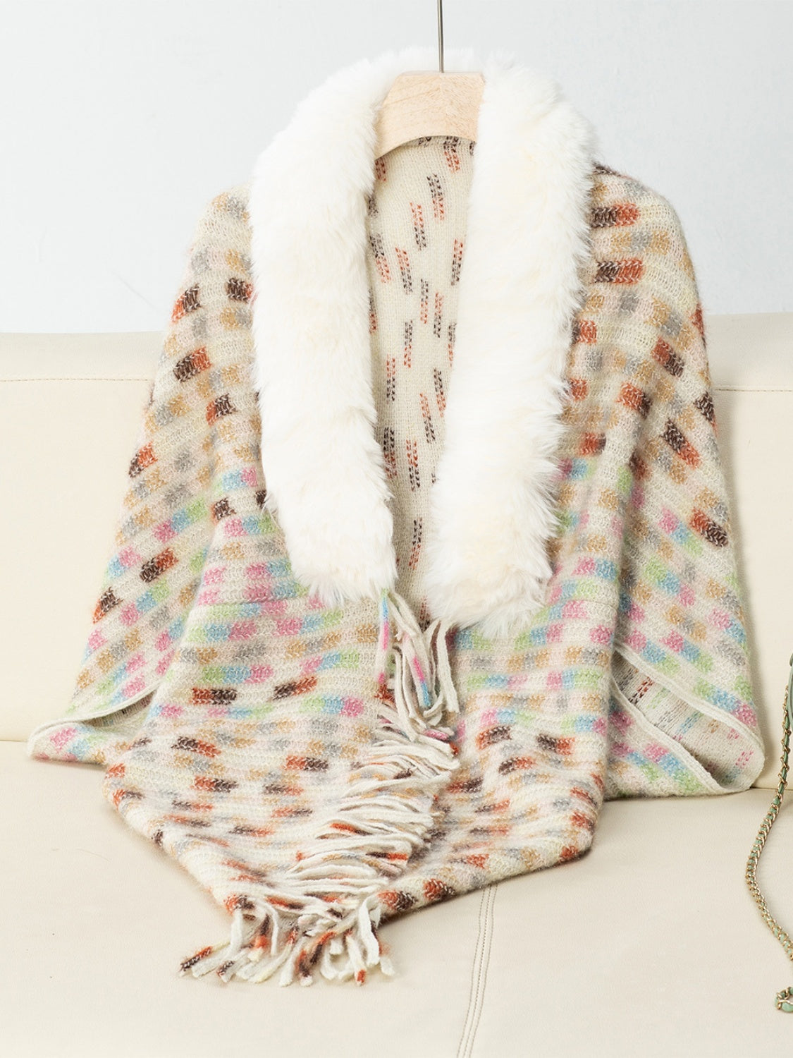 Fringe Fuzzy Open Front Poncho - Khaki / One Size