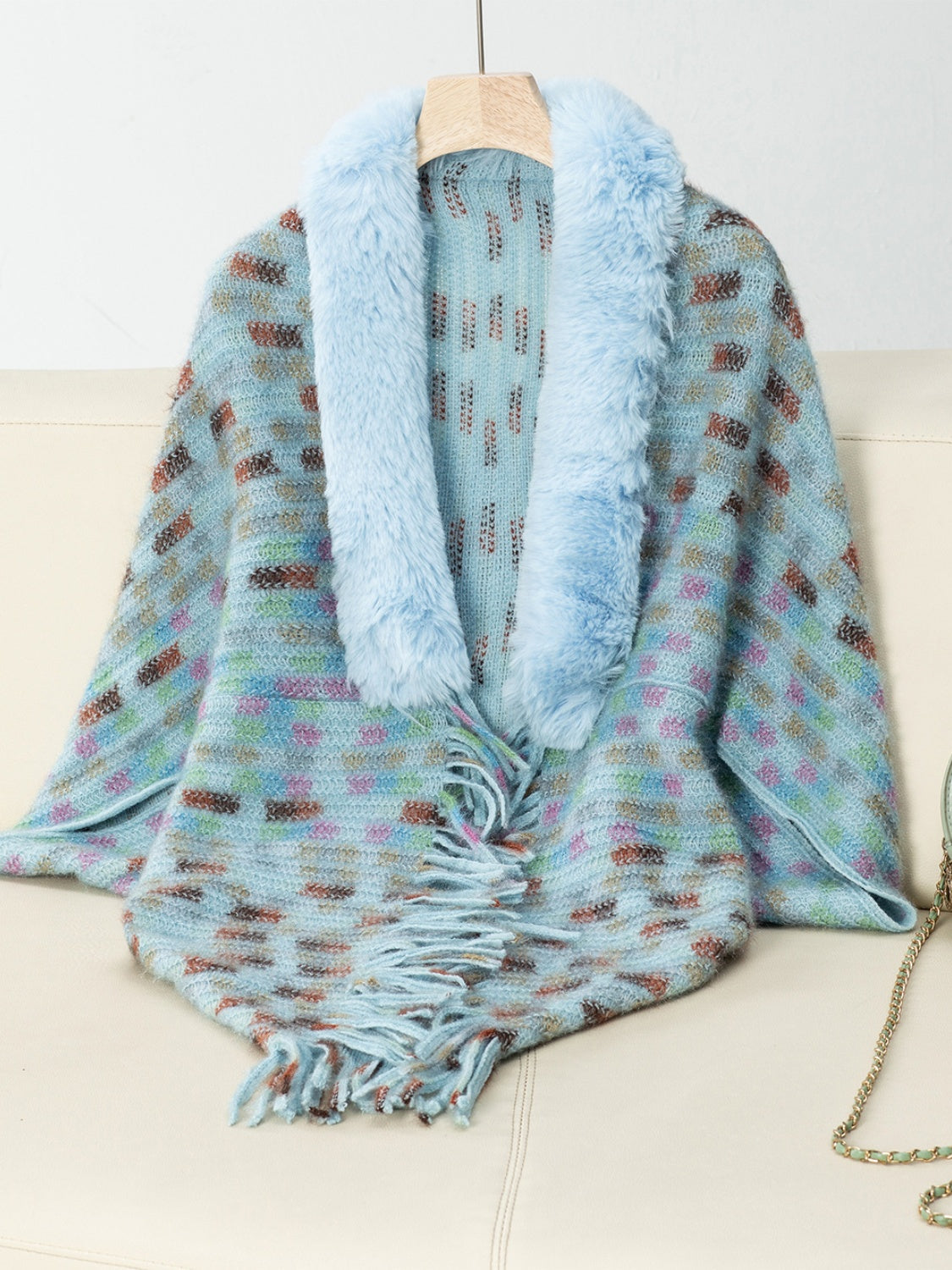 Fringe Fuzzy Open Front Poncho - Pastel Blue / One Size