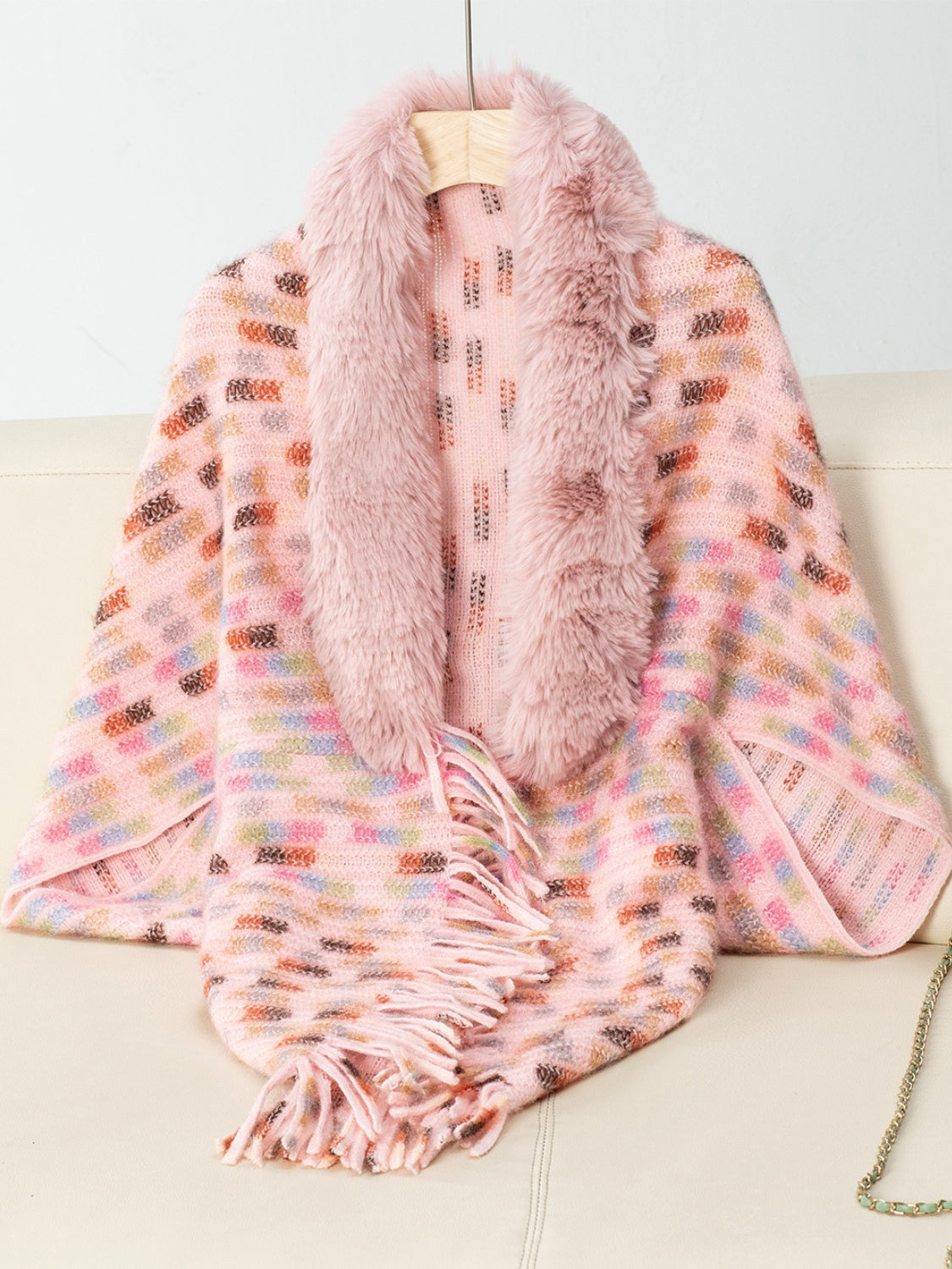 Fringe Fuzzy Open Front Poncho - Watermelon pink / One Size