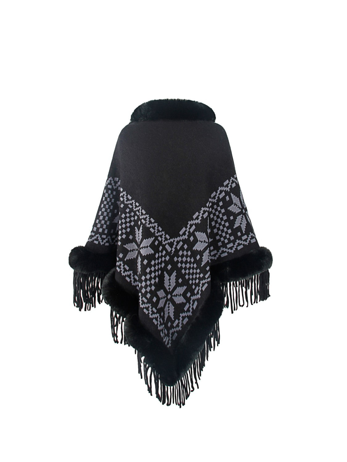 Fringe Geometric Cape Sleeve Poncho - Black / One Size