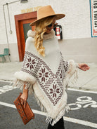 Fringe Geometric Cape Sleeve Poncho - Ivory / One Size