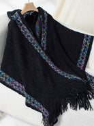 Fringe Half Sleeve Hooded Poncho - Black / One Size