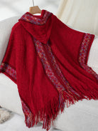 Fringe Half Sleeve Hooded Poncho - Burgundy / One Size