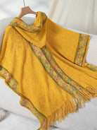 Fringe Half Sleeve Hooded Poncho - Mustard / One Size