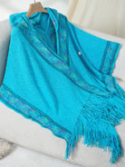 Fringe Half Sleeve Hooded Poncho - Sky Blue / One Size