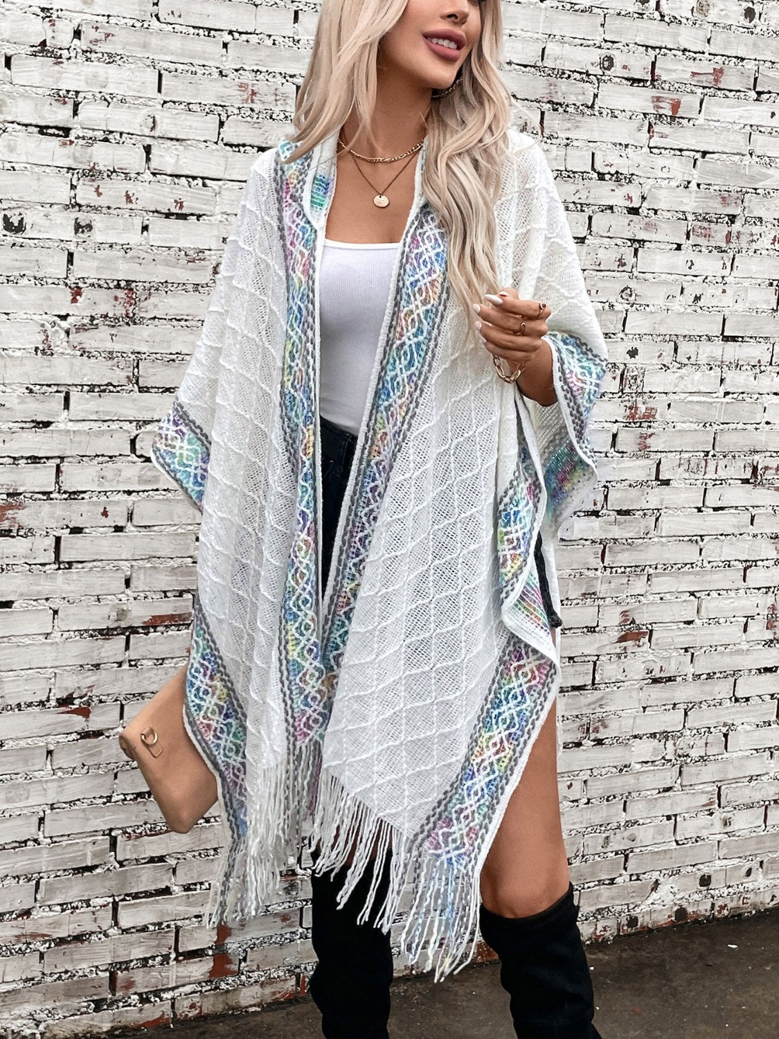 Fringe Half Sleeve Hooded Poncho - White / One Size