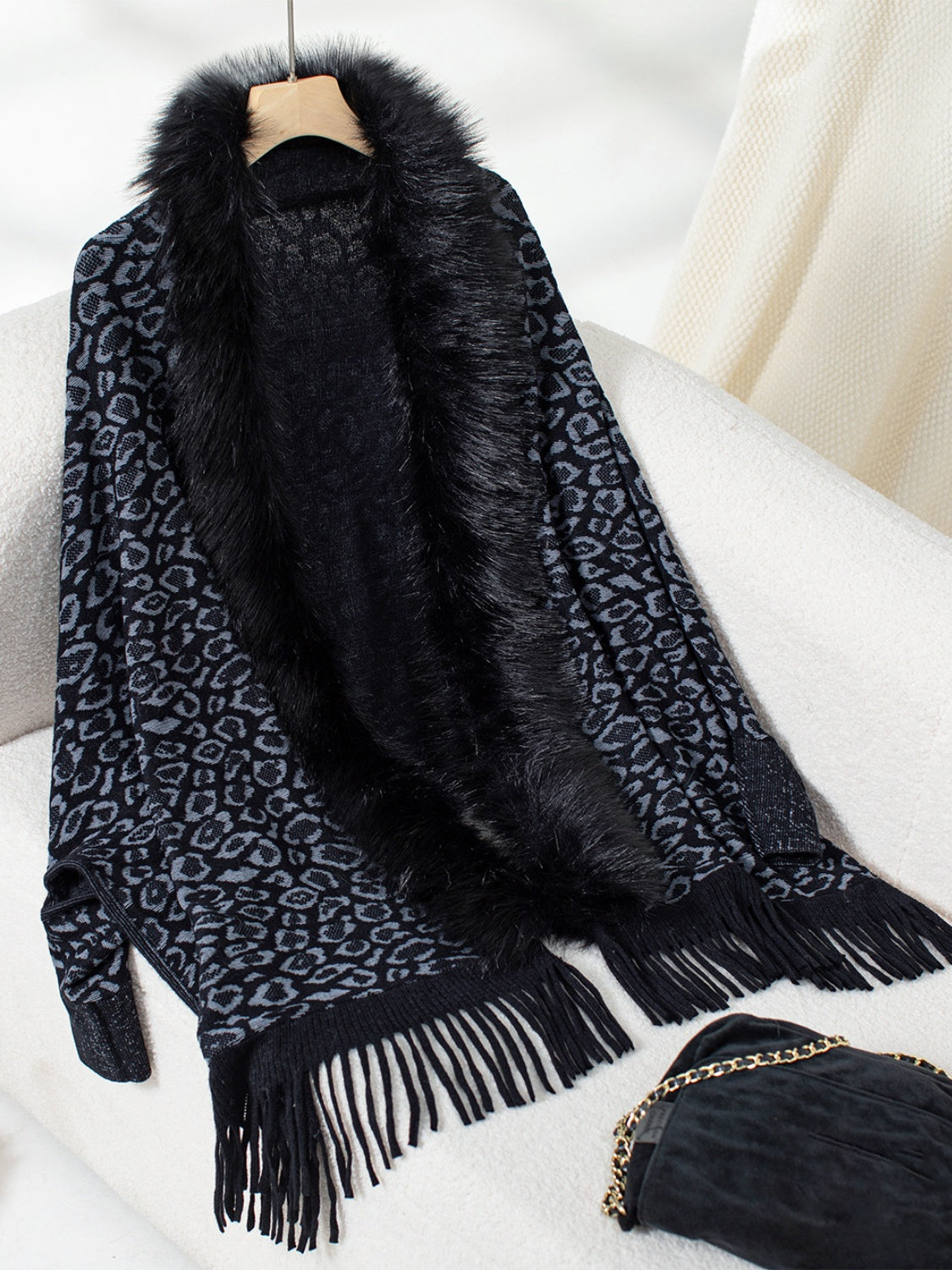 Fringe Leopard Open Front Long Sleeve Poncho - Black / One Size