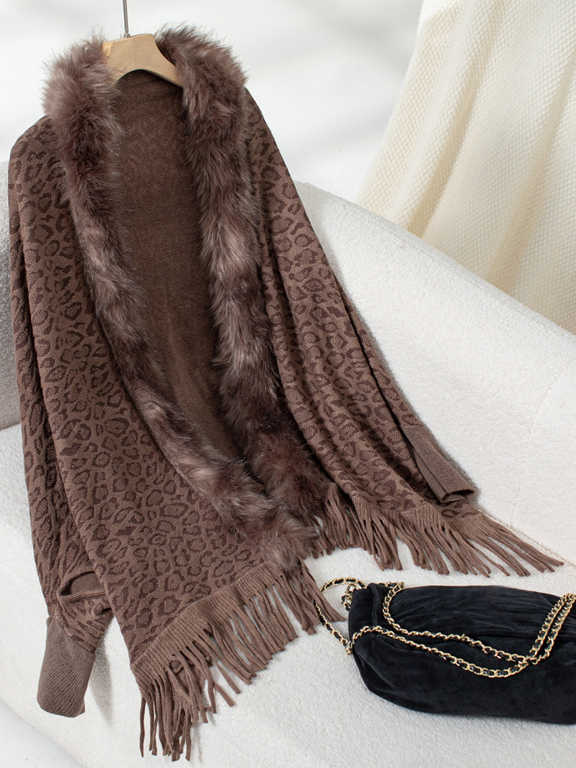 Fringe Leopard Open Front Long Sleeve Poncho - Brown / One Size