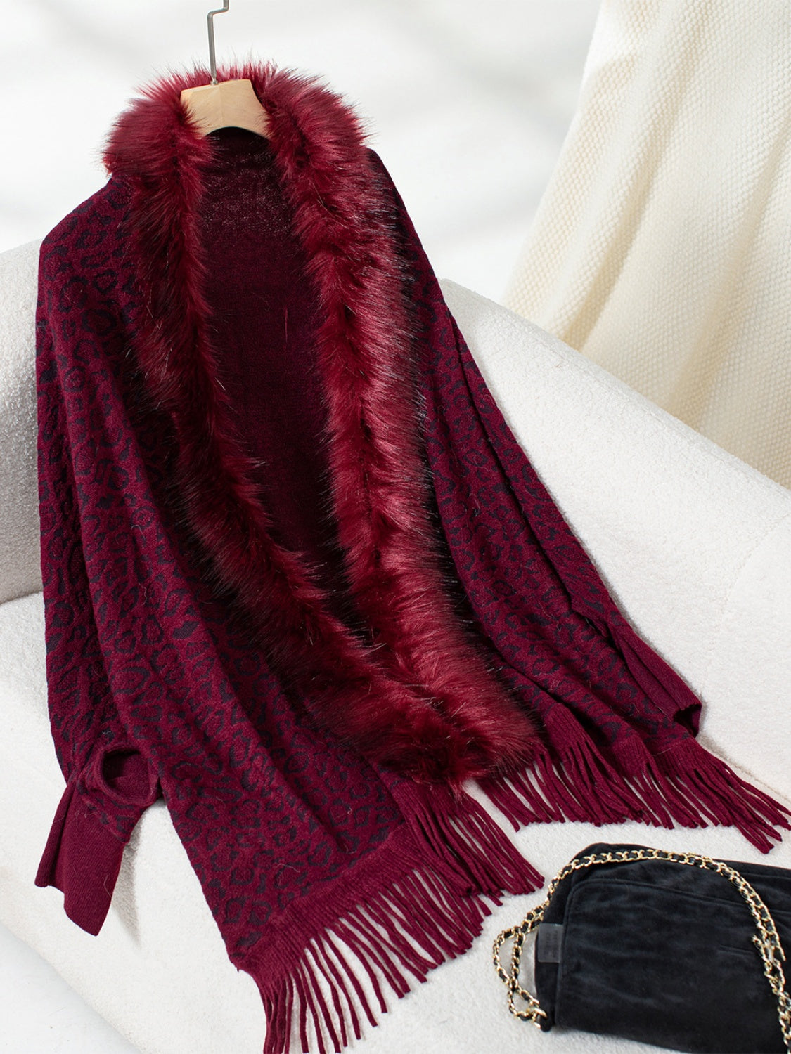 Fringe Leopard Open Front Long Sleeve Poncho - Burgundy / One Size