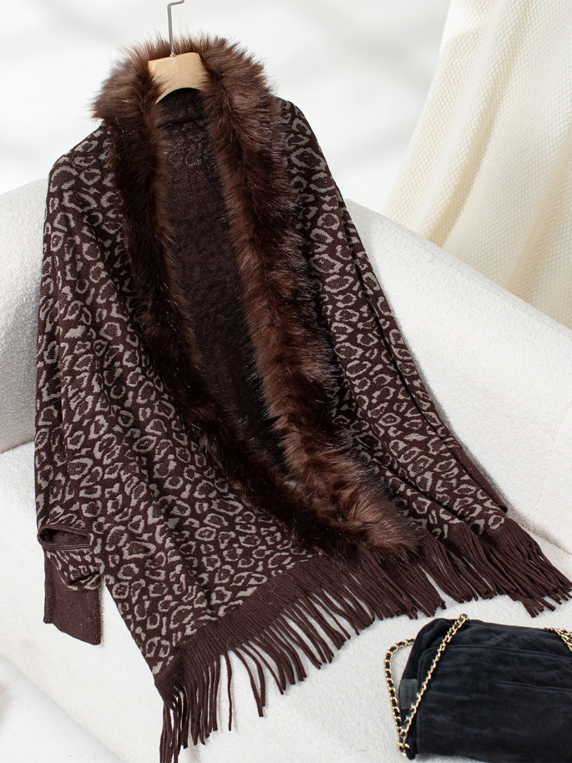 Fringe Leopard Open Front Long Sleeve Poncho - Chocolate / One Size