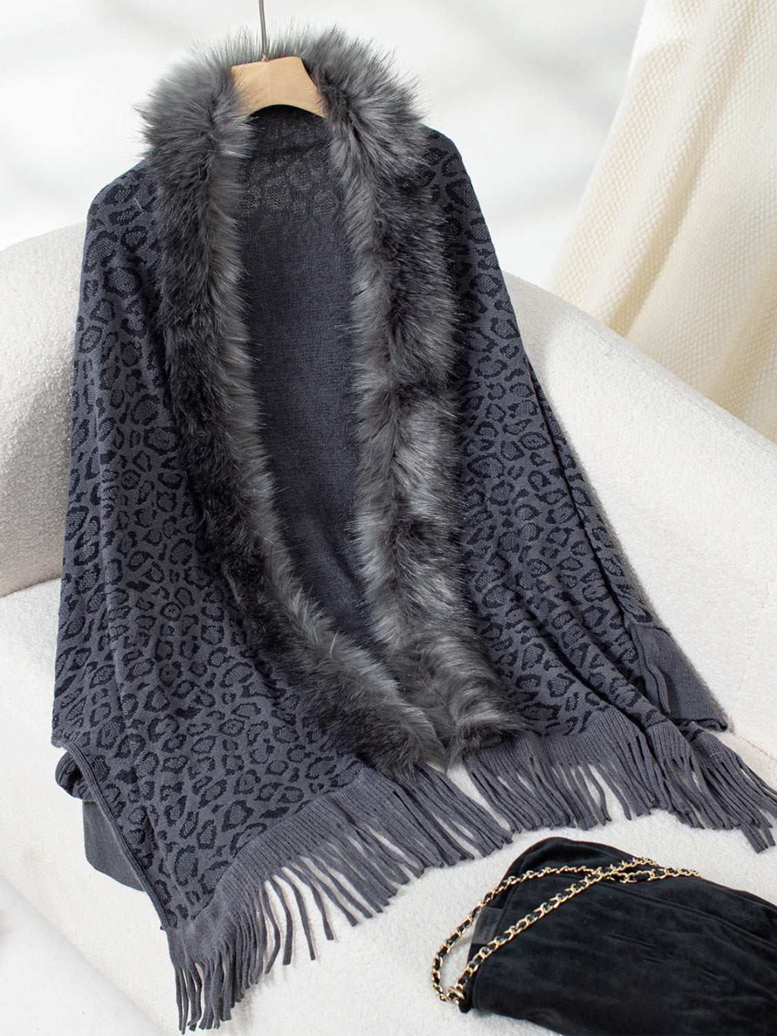 Fringe Leopard Open Front Long Sleeve Poncho - Indigo / One Size