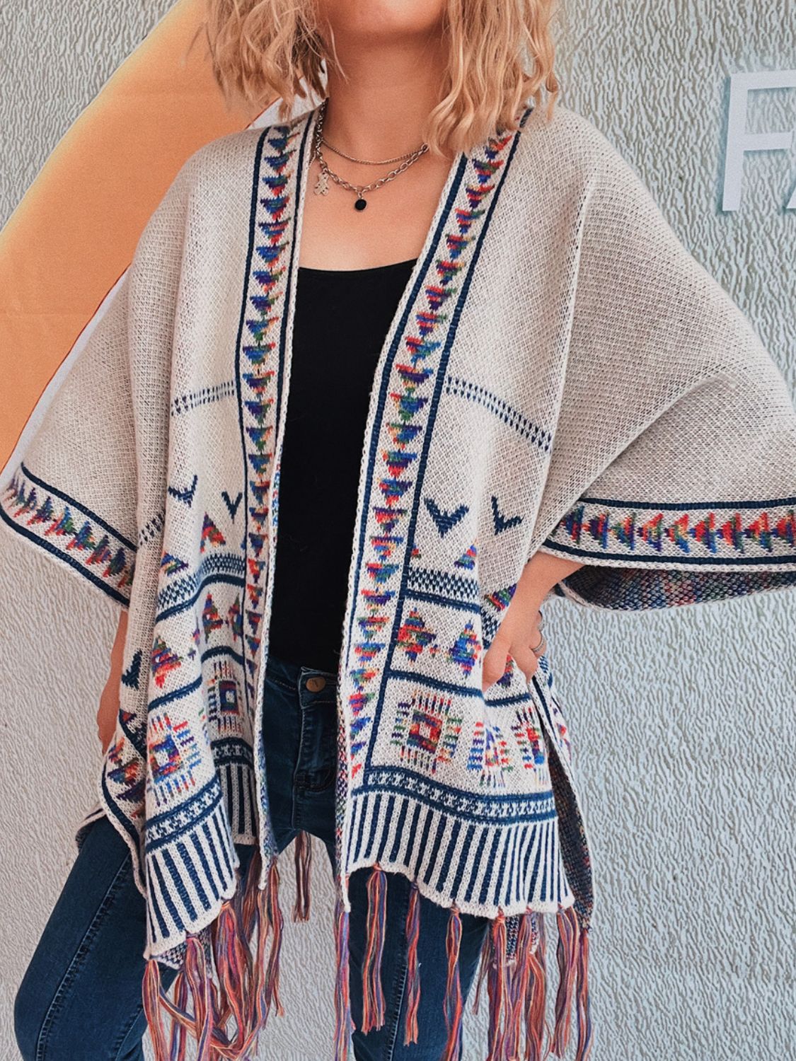 Fringe Open Front Cardigan - Apricot / One Size