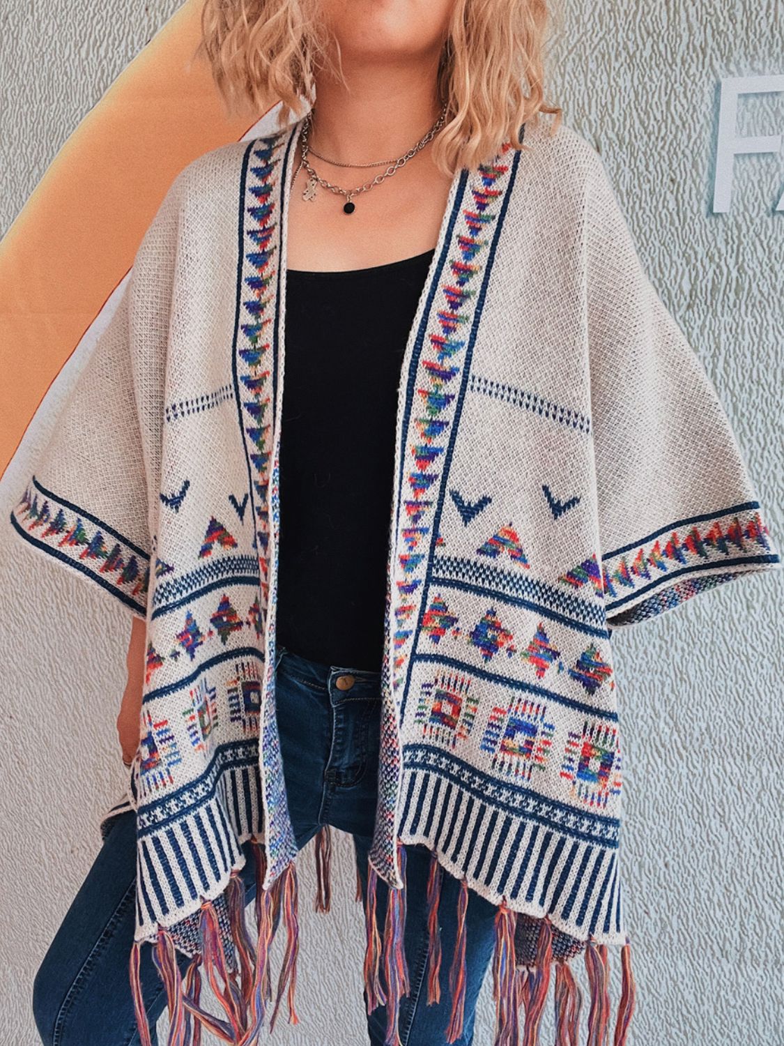 Fringe Open Front Cardigan - Apricot / One Size