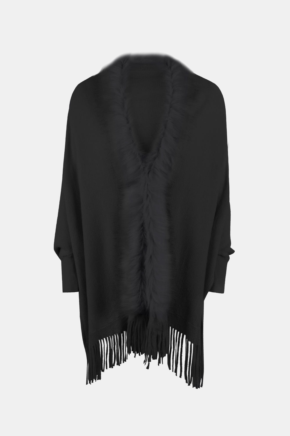 Fringe Open Front Long Sleeve Poncho - Black / One Size