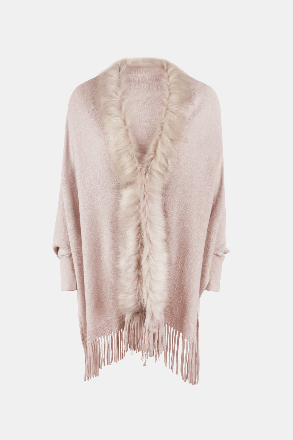 Fringe Open Front Long Sleeve Poncho - Blush Pink / One Size