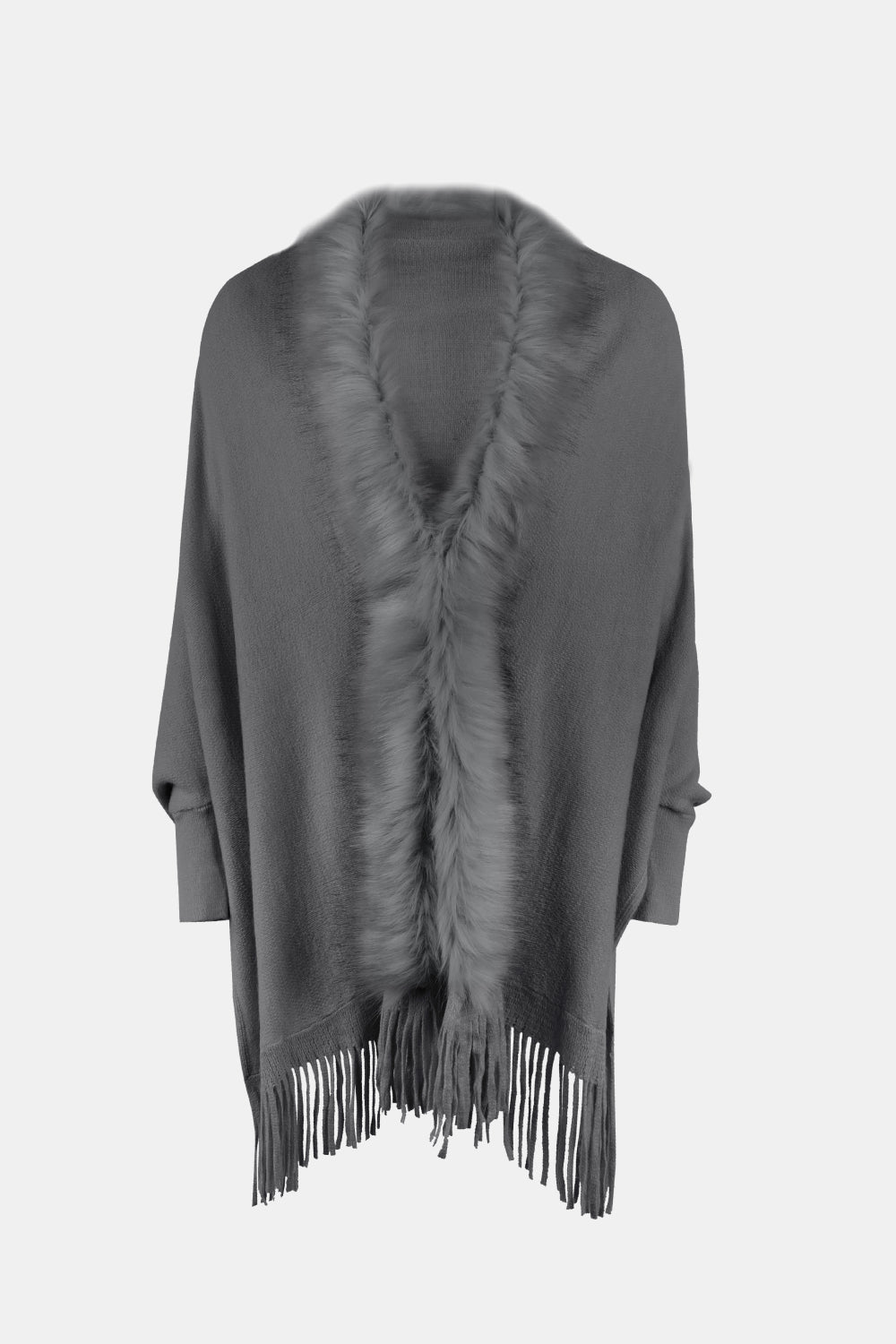Fringe Open Front Long Sleeve Poncho - Charcoal / One Size