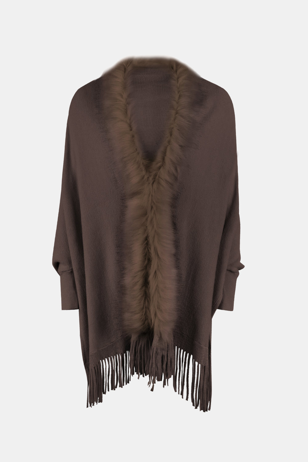 Fringe Open Front Long Sleeve Poncho - Chocolate / One Size