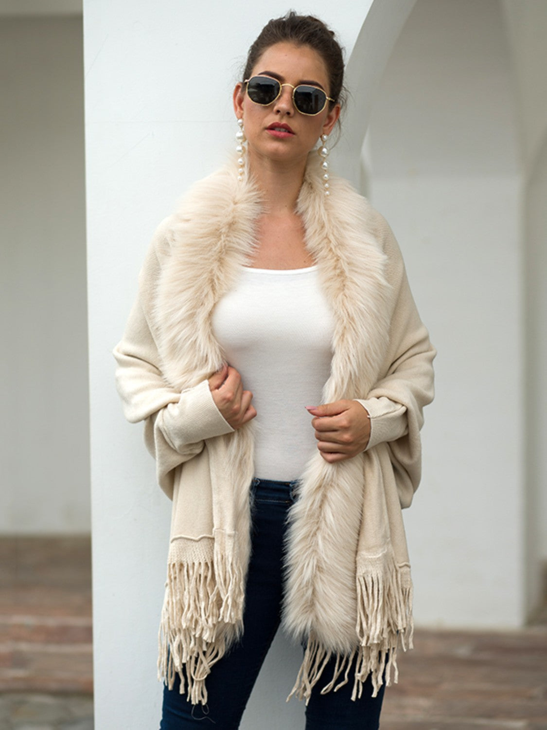 Fringe Open Front Long Sleeve Poncho - Ivory / One Size