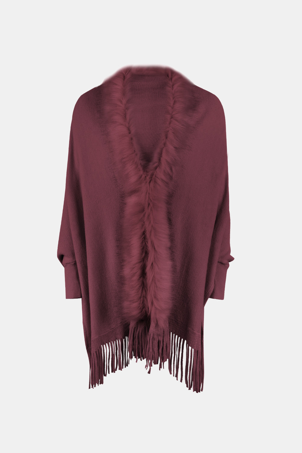 Fringe Open Front Long Sleeve Poncho - Wine / One Size