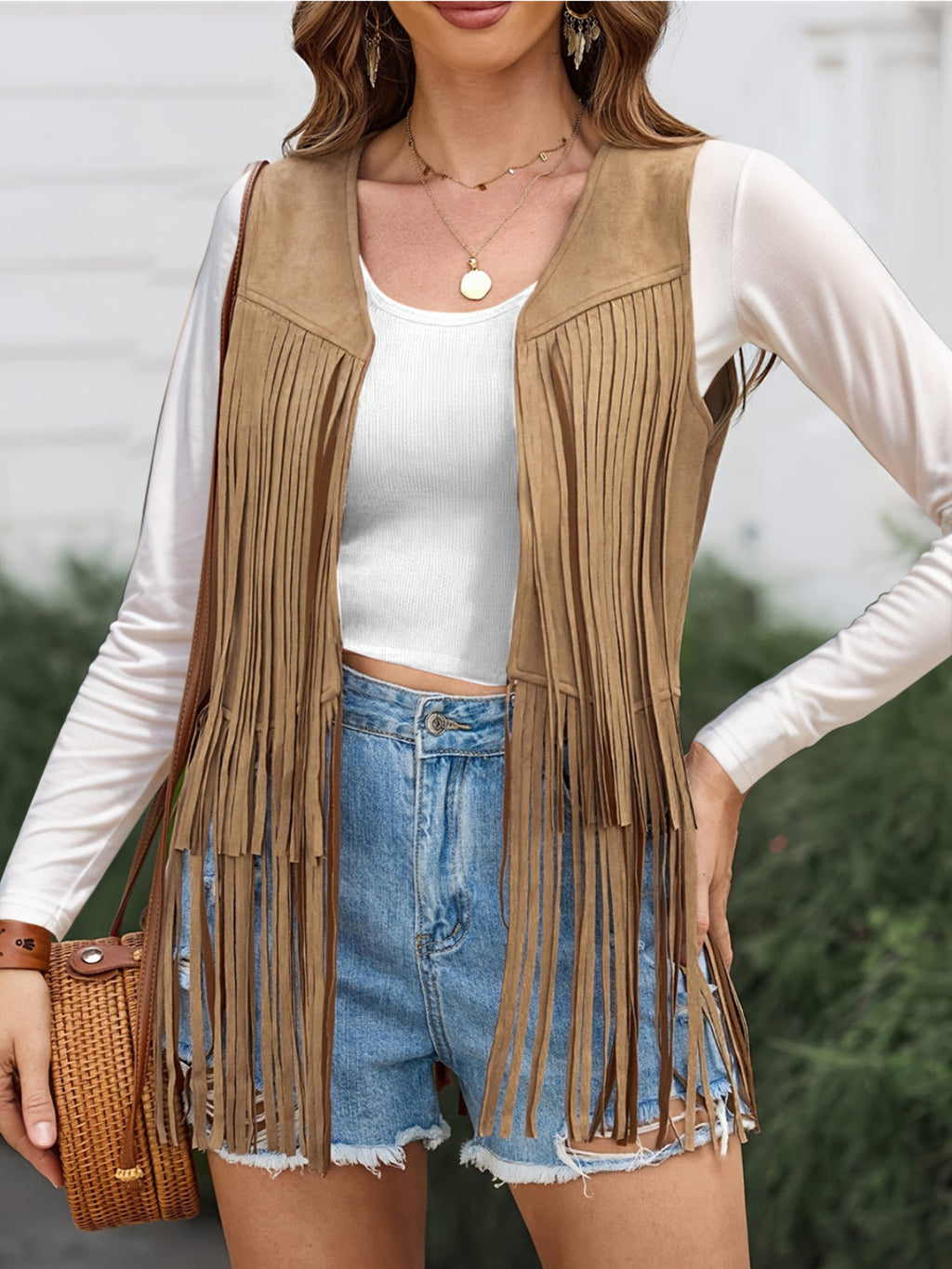 Fringe Open Front Vest Coat - Camel / S