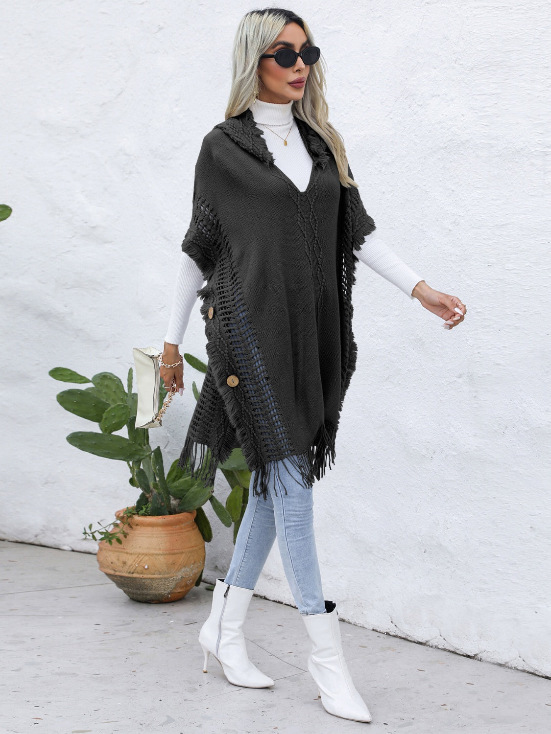 Fringe Trim Buttoned Hooded Poncho